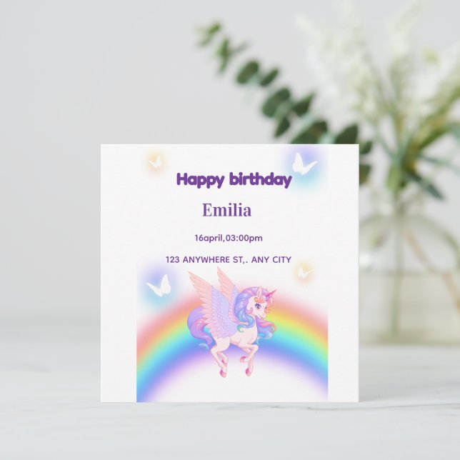 Einhorn Regenbogen Geburtstagseinladung Flachkarte (Stehend Vorderseite)