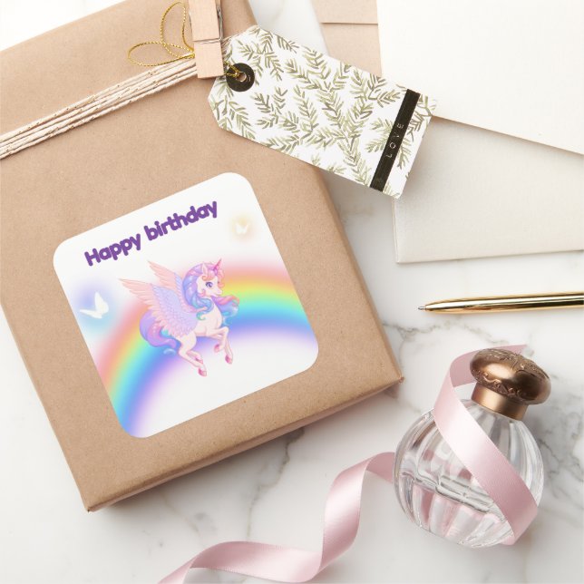 Einhorn Regenbogen Geburtstagseinladungsaufkleber Quadratischer Aufkleber (Schenken)