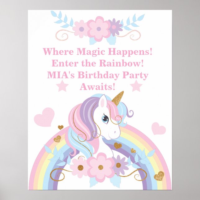Einhorn Regenbogen Geburtstagsposter Editierbar Poster (Vorne)
