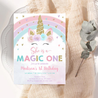 Einhorn Regenbogen Gold zum ersten Geburtstag Einladung