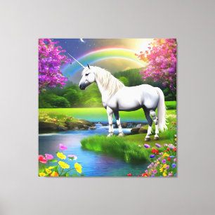 Einhorn-Regenbogen-Landschaft - Blume Vier Leinwanddruck