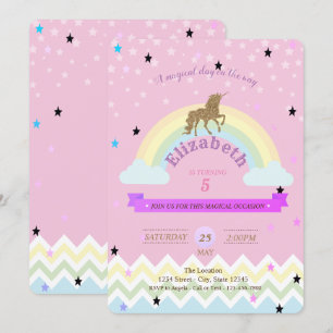 Einhorn, Regenbogen Sterne, Zickzack Geburtstagsei Einladung