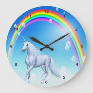 Einhorn, Regenbogen und Blasen Große Wanduhr