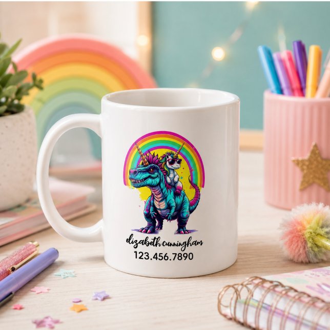 Einhorn reitender Dinosaurier Regenbogen Name Schu Kaffeetasse (Unicorn Riding Dinosaur Rainbow Name school Coffee Mug)