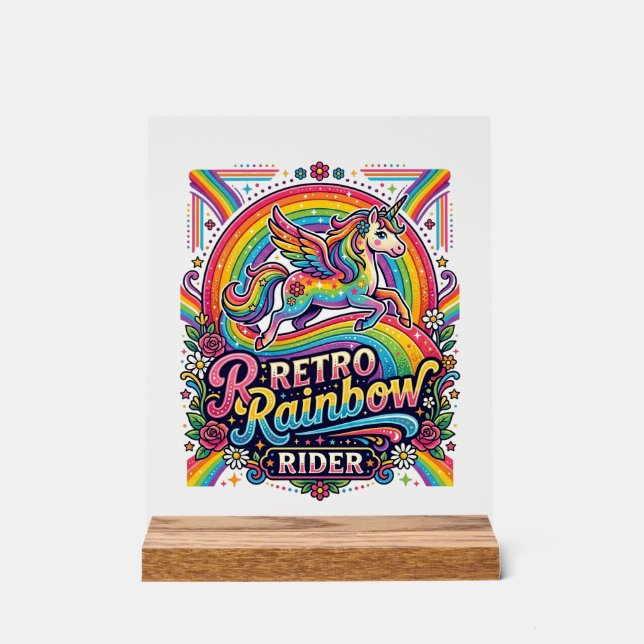 Einhorn Retro Regenbogen Reiter Acrylschild (Vorderseite)