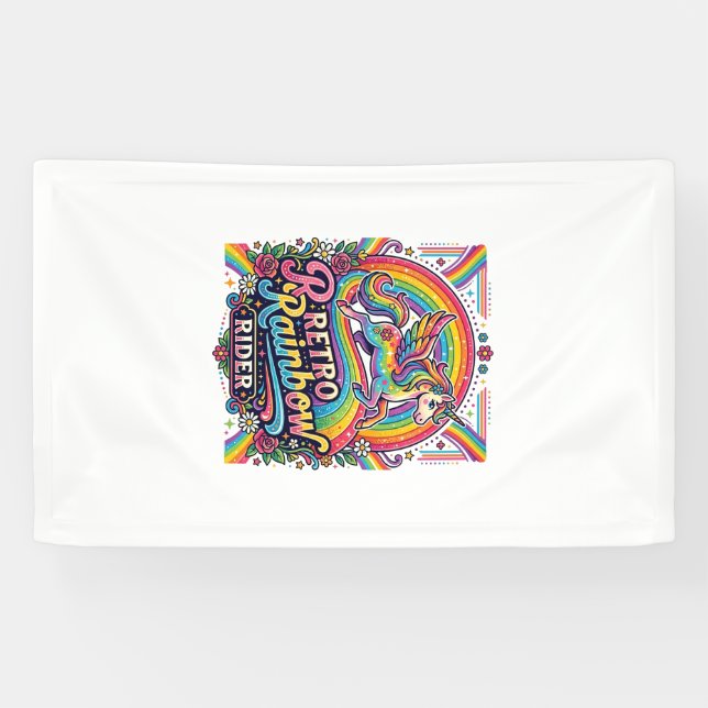 Einhorn Retro Regenbogen Reiter Banner (Horizontal)