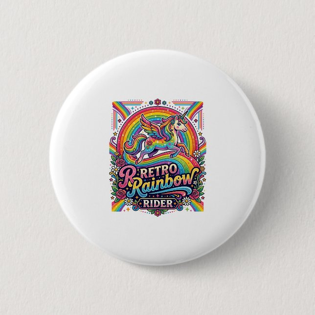 Einhorn Retro Regenbogen Reiter Button (Vorderseite)