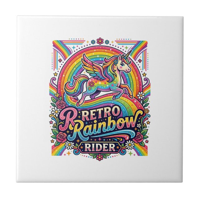 Einhorn Retro Regenbogen Reiter Fliese (Vorderseite)