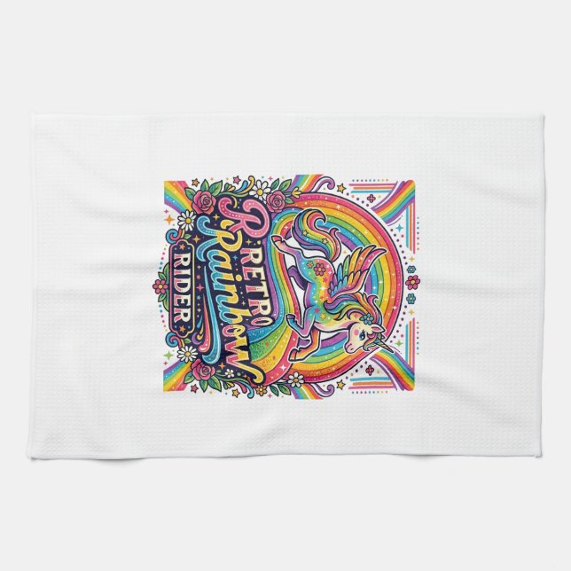 Einhorn Retro Regenbogen Reiter Geschirrtuch (Horizontal)