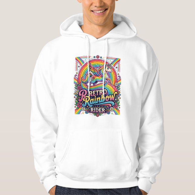 Einhorn Retro Regenbogen Reiter Hoodie (Vorderseite)