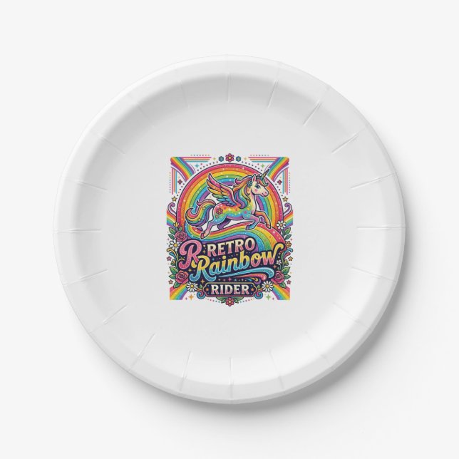Einhorn Retro Regenbogen Reiter Pappteller (Vorderseite)
