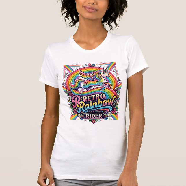 Einhorn Retro Regenbogen Reiter T-Shirt (Vorderseite)