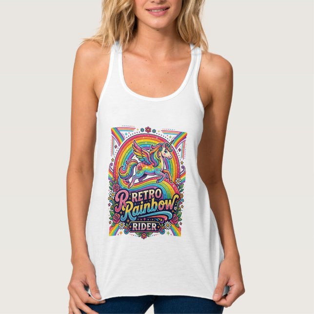 Einhorn Retro Regenbogen Reiter Tank Top (Vorderseite)
