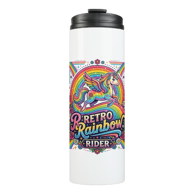 Einhorn Retro Regenbogen Reiter Thermosbecher (Vorderseite)