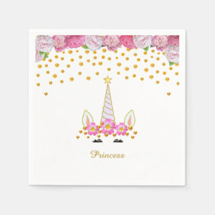 Einhorn, rosa Blumen & goldenes Konfetti Serviette