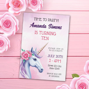 Einhorn-Rosa-Blumen-Mädchen-Zehntes-Geburtstag Einladung