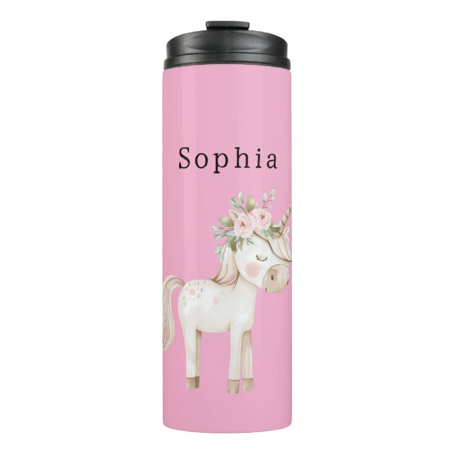 Einhorn Rosa Blumendesign Thermosbecher (Vorderseite)