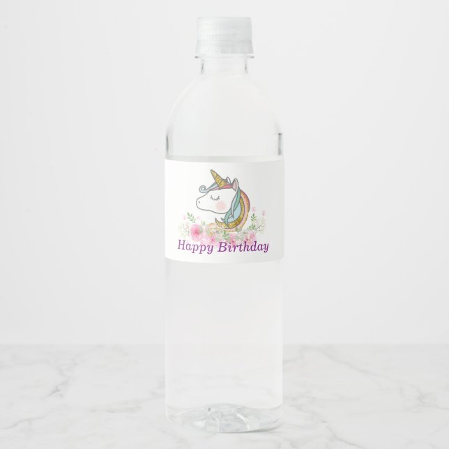 Einhorn, rosa Blüte, Etikett der Wasserflasche (Vorderseite)
