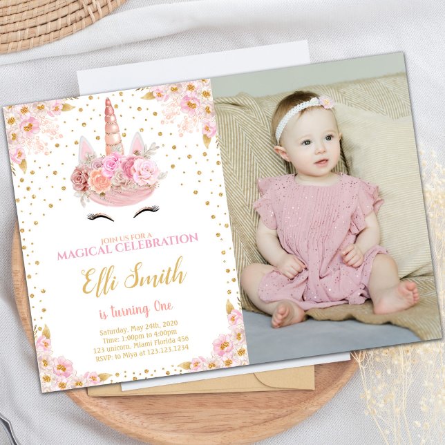 Einhorn Rosa Geburtstag Einladung mit Foto (Unicorn Pink Birthday Invitations with photo)