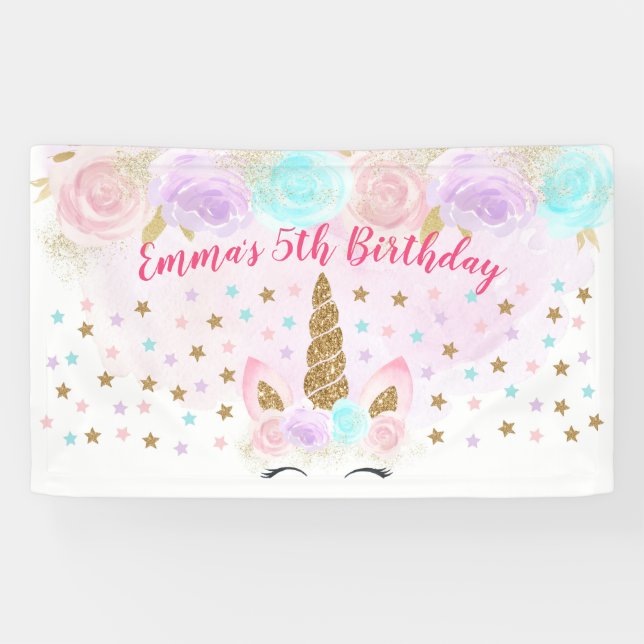 Einhorn Rosa & Gold Geburtstag Banner (Horizontal)