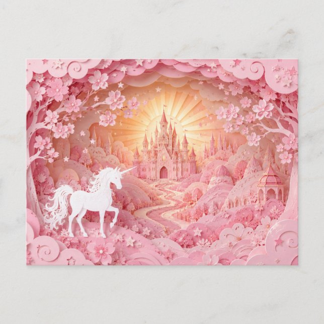 Einhorn Rosa Schloss Postkarte (Vorderseite)