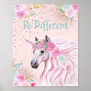 Einhorn Rosa Türkis Floral Gold Glitter Glam Poster