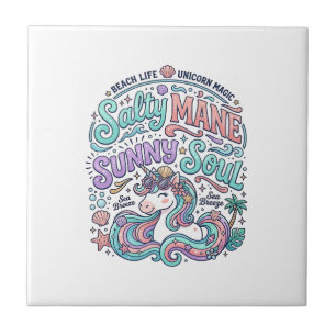 Einhorn Salty Mane Sunny Soul Retro-Stil T-Shirt  Fliese