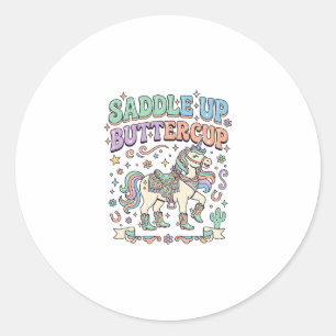 Einhorn Sattel hoch Butterblume Kawaii-Typografie Runder Aufkleber