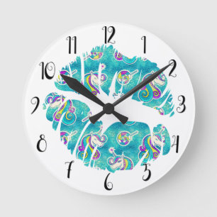 EINHORN Schillernde Teal-Folie Metallic KUSS LIPPE Runde Wanduhr