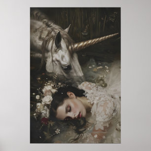 Einhorn Schlafende Frau Dunkles Cottagecore, Vinta Poster