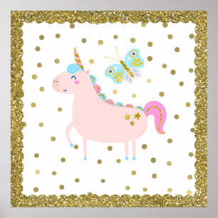 Einhorn-Schlafzimmer für Mädchen in Rosa und Gold  Poster