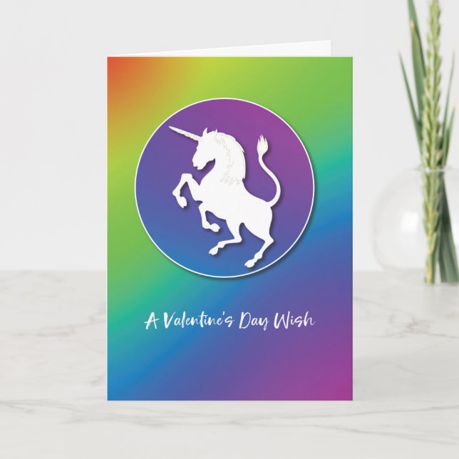 Einhorn Silhouette Valentine am Hellen Regenbogen Karte (Vorderseite)