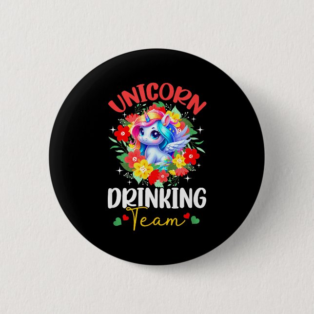 Einhorn trinkendes lustiges Team farbenfrohes flor Button (Vorderseite)