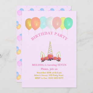 Einhorn-u. Ballon-Geburtstags-Einladung Einladung