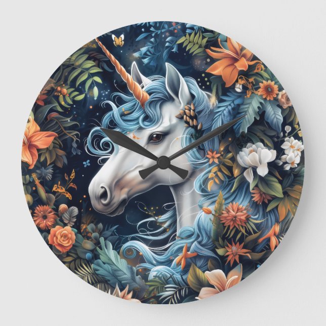 Einhorn und Blume Fantasy Design Große Wanduhr (Vorderseite)