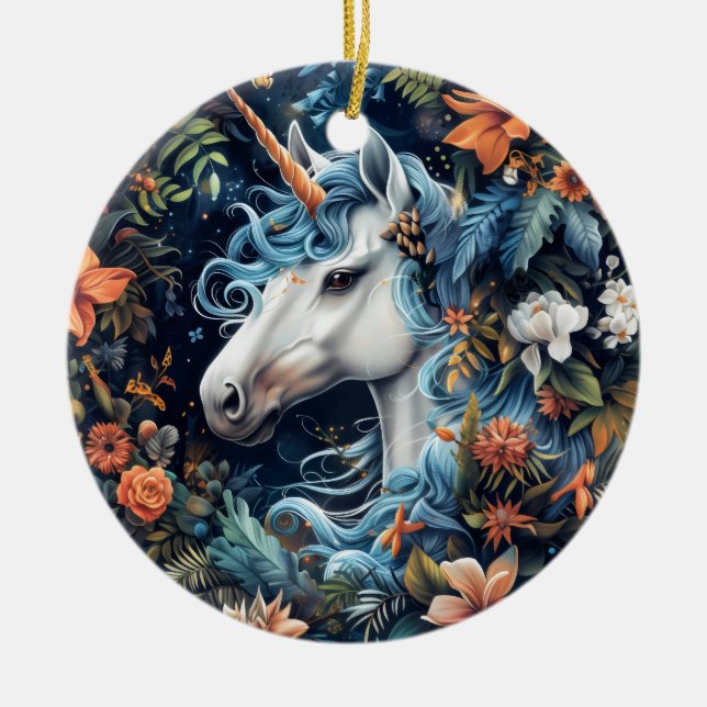 Einhorn und Blume Fantasy Design Keramik Ornament (Vorne)