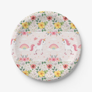 Einhorn und botanische Blume, Regenbogen, Party Pappteller
