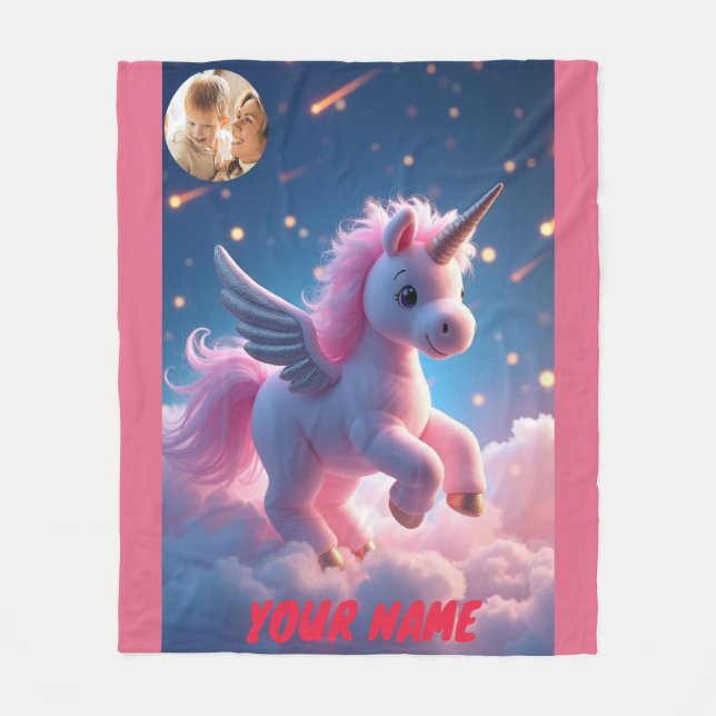 Einhorn und Burg in rosa personalisiert und Foto Fleecedecke (Vorderseite)