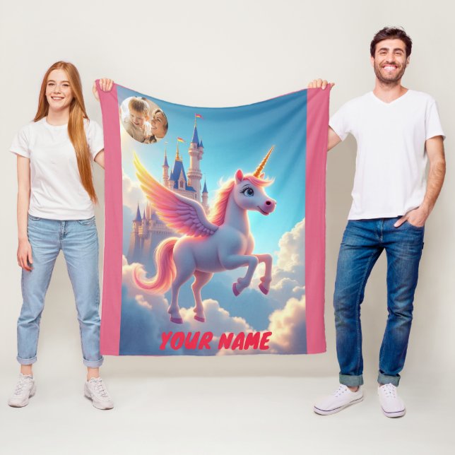 Einhorn und Burg in rosa personalisiert und Foto Fleecedecke (Beispiel)
