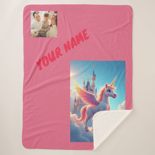 Einhorn und Burg in rosa personalisiert und Foto Sherpadecke (Vorderseite)