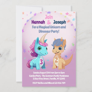 Einhorn- und Dinosaurier-Kinderparty Einladung