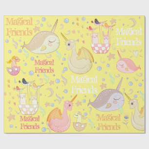 Einhorn und Drachen Freunde Gelb Personalisiert Geschenkpapier