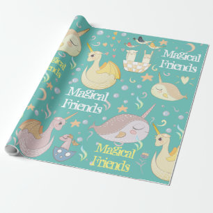 Einhorn und Drachen Freunde Türkis Personalisiert Geschenkpapier