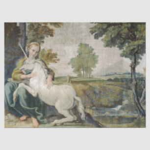 Einhorn und eine junge Frau (von Domenichino) Seidenpapier