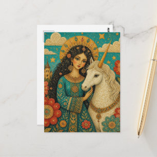 Einhorn und eine schöne Frau Postkarte
