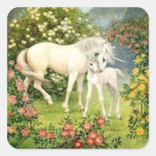 Einhorn und Fohlen im Vintage-Stil Quadratischer Aufkleber