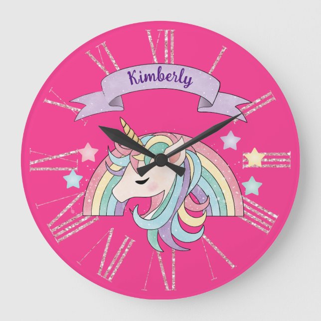 Einhorn und Funkelnd Regenbogen-Individuelle Name  Große Wanduhr (Vorderseite)