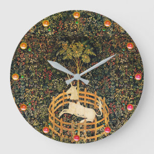 EINHORN UND GOTISCHE FANTASIEBLUMEN, BLUMENMOTIVE GROßE WANDUHR