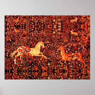 EINHORN UND HIRSCH, BLUMEN, WALDTIERE Rote Blumenm Poster