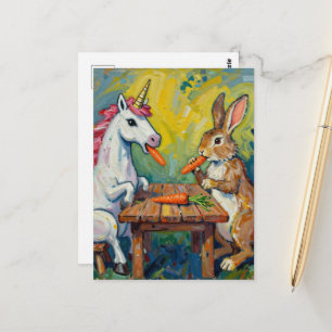 Einhorn und Kaninchen beim Möhrenessen Postkarte